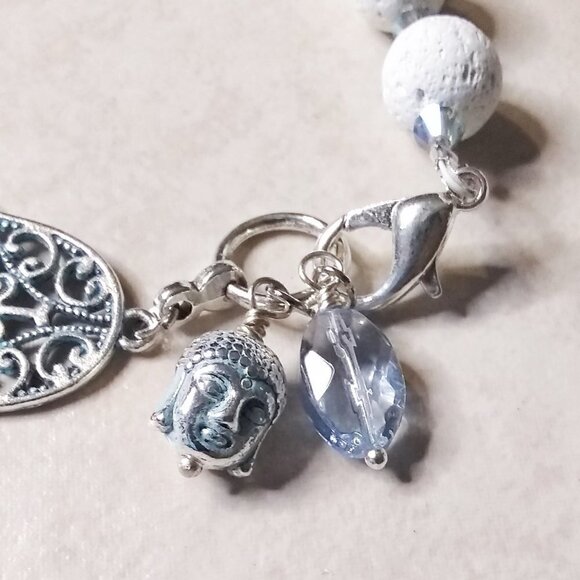 White Lava Bead Bracelet | Hamsa Hand & Buddha Charms | Blessings & Protection - Picture 7 of 10